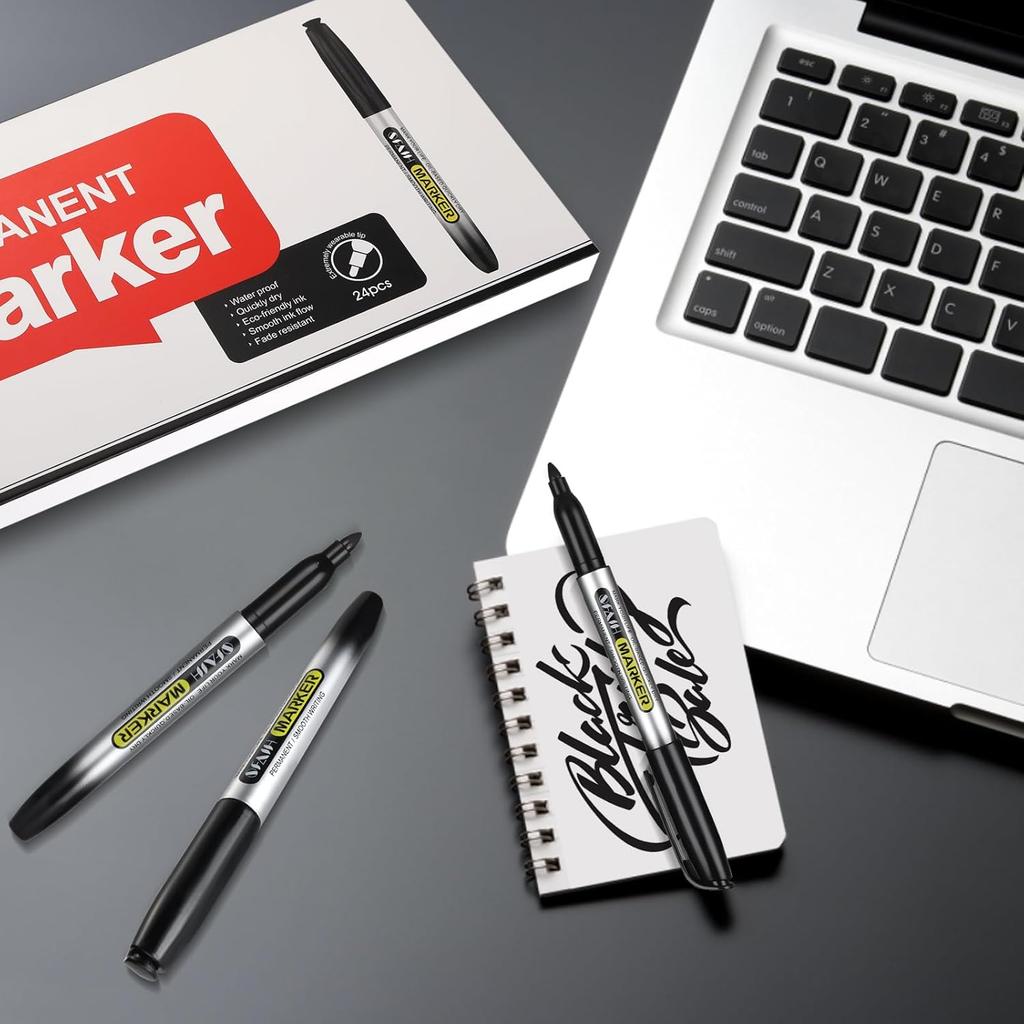 SFAIH Black Permanent Markers Bulk - 24 Pack, 1s Quick Dry, Non-Fading, Fine Point Permanent Pens for Plastic Glass Metal Wood Paper Stone, Office