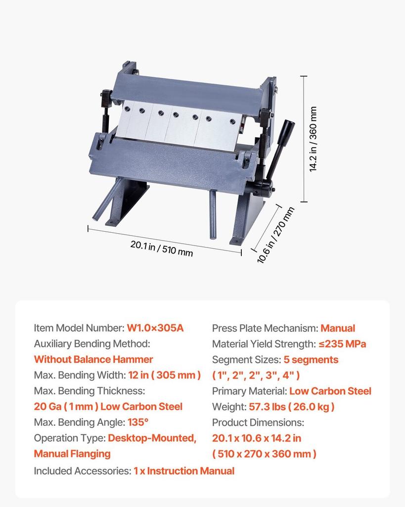 Box and Pan Brake, 305 mm/12 inch Sheet Metal Bending Brake, 20-Gauge Mild Steel Capacity, 0-135 Degree Adjustable, Metal Bender Machine with 5