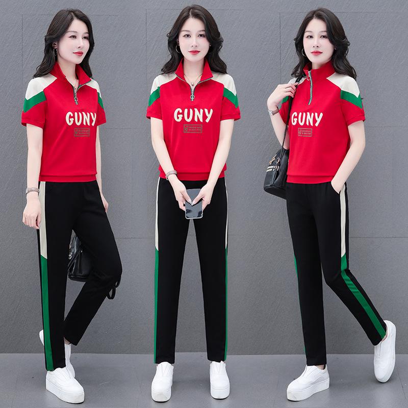 

Стильный женский летний костюм-двойка с короткими рукавами и длинными брюками - воротник-стойка, свободный крой для женщин среднего и пожилого возраста 4XL (fits 77-85 kg) красный