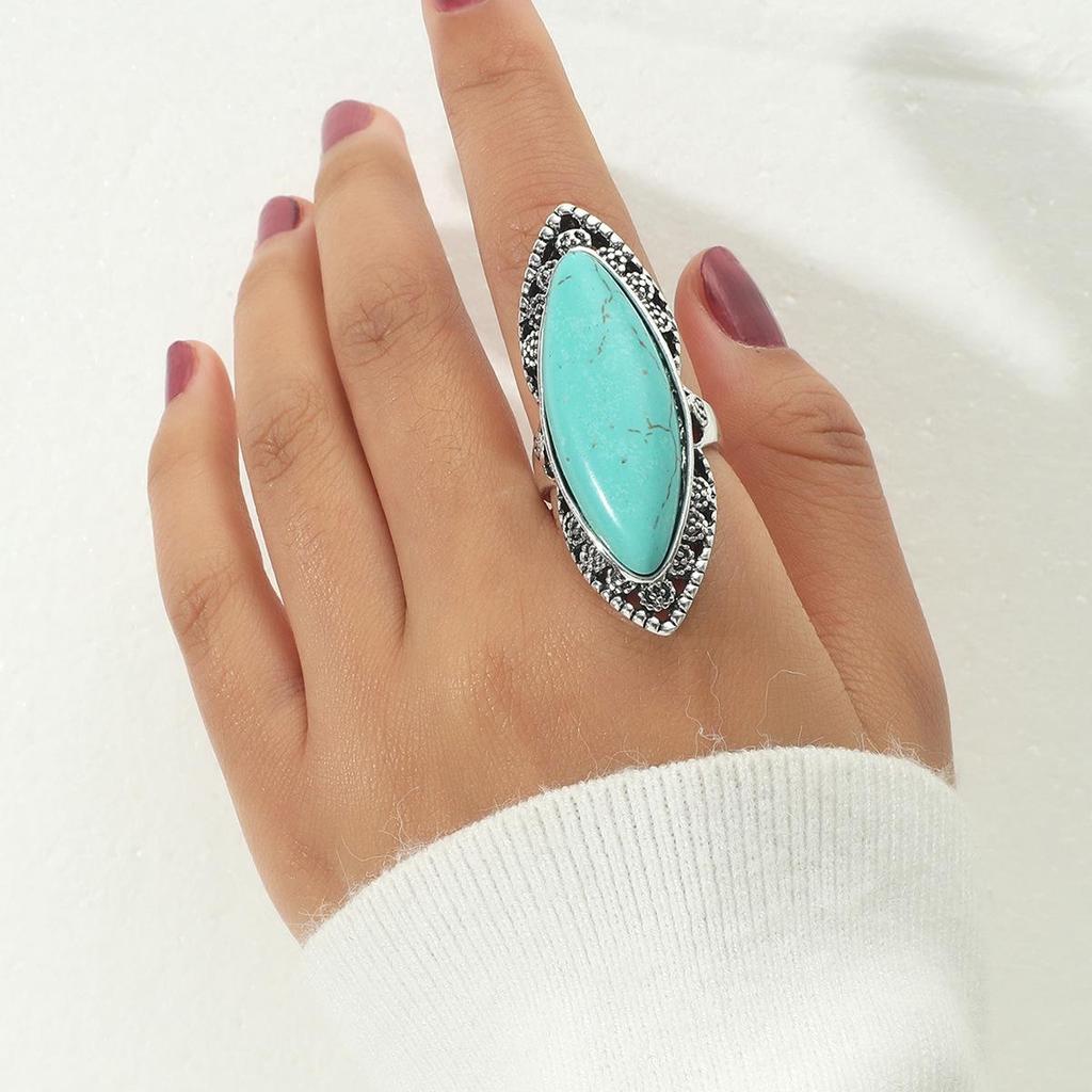 Turquoise Inlaid Bohemian Geometric Ring - Trendy Ethnic Style Jewelry
