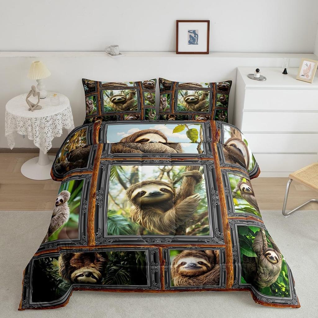 Sloth Bedding Set Cute Animal Pattern Comforter for Kids Women Men 3D Sloth Comforter Set Brown Farmhouse Style Room Decor Queen