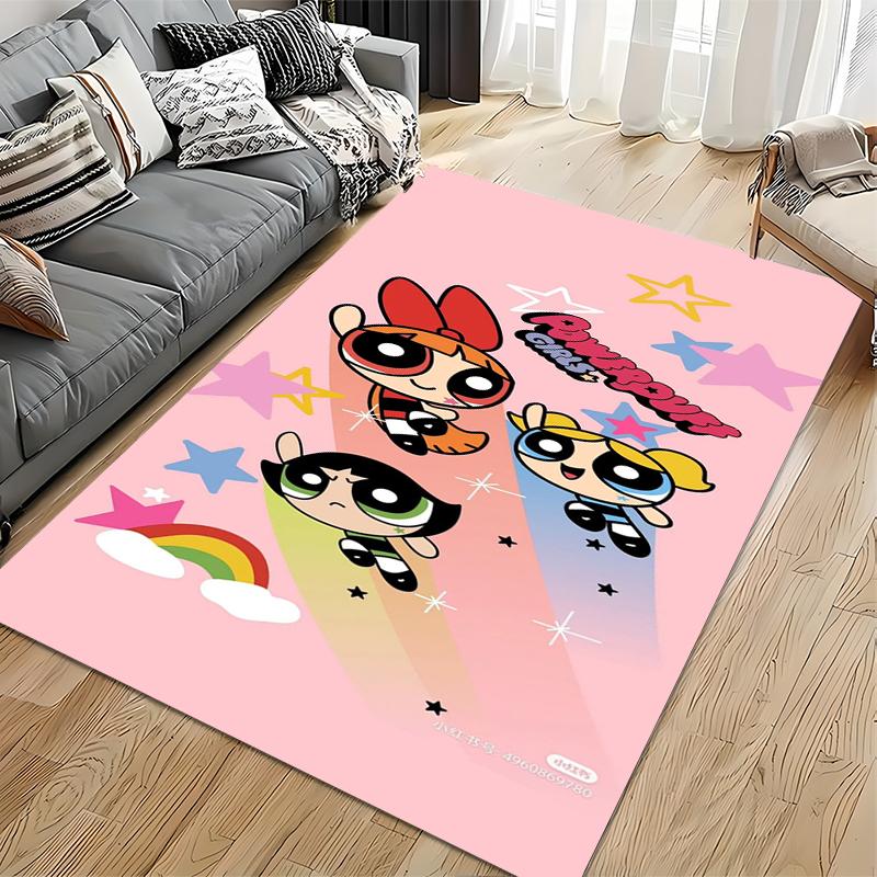 "Cartoon Superhero Girls Pink Carpet with Stars and Rainbow Design" Suitable for use as an anti-slip for living room bedroom sofas