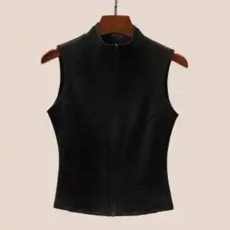 Women's Faux Leather Sleeveless Vest Stand Collar Zipper Front Slim Fit Casual Top