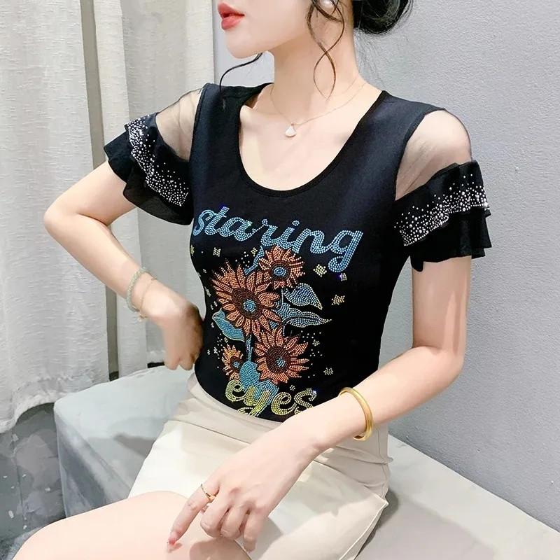 Summer Streetwear Girl Shiny Bling Rhinestone Floral T-shirt Sexy Off Shouler Short Sleeve Tops New Chic Women Elastic Slim Tees