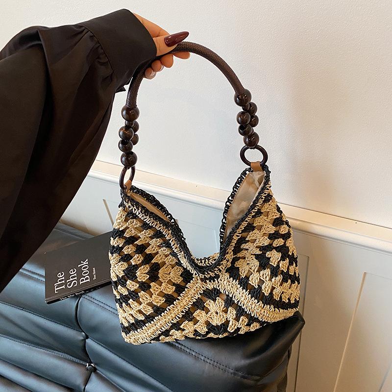 Large Capacity Hollow Beaded Straw Woven Single Shoulder Tote Beach Bag