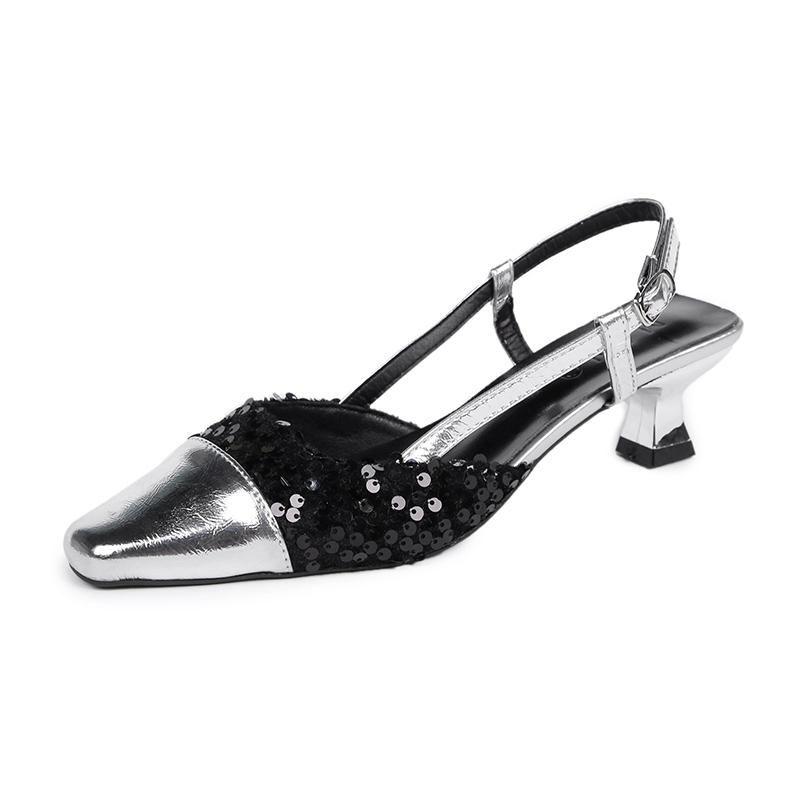 

Fashion Women s Stiletto Sandals Summer New Square Head Sequin Cloth Line with Anti-slip Wear-resistant Low Heel Shoes 40 чёрный