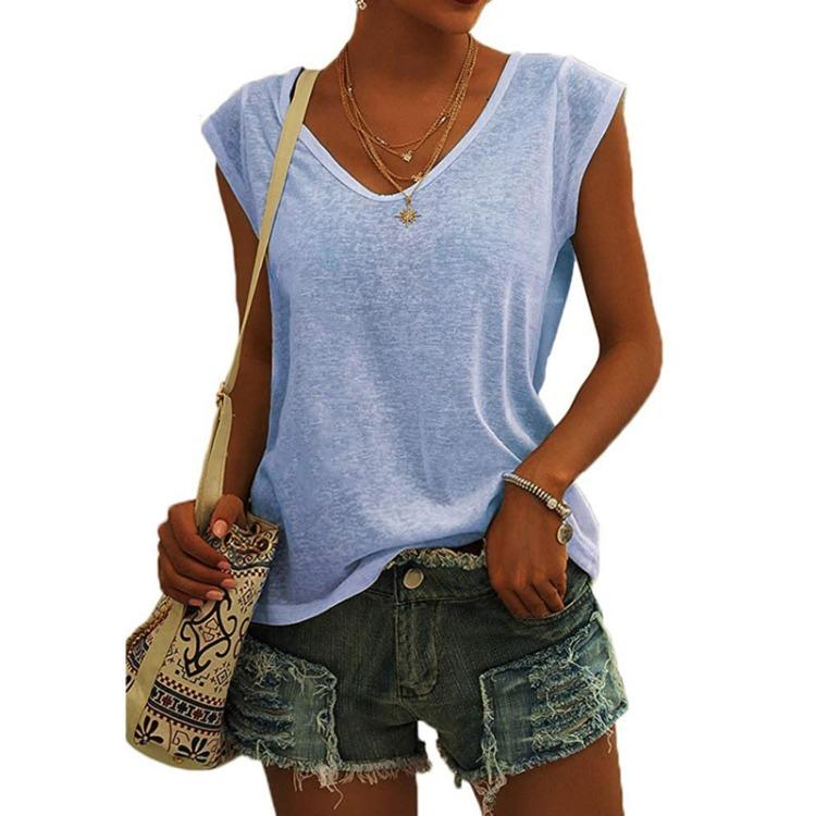 Damen Casual V-Ausschnitt Locker Geschnittenes T-Shirt Einfarbig Kurzarm Bluse Tanktops