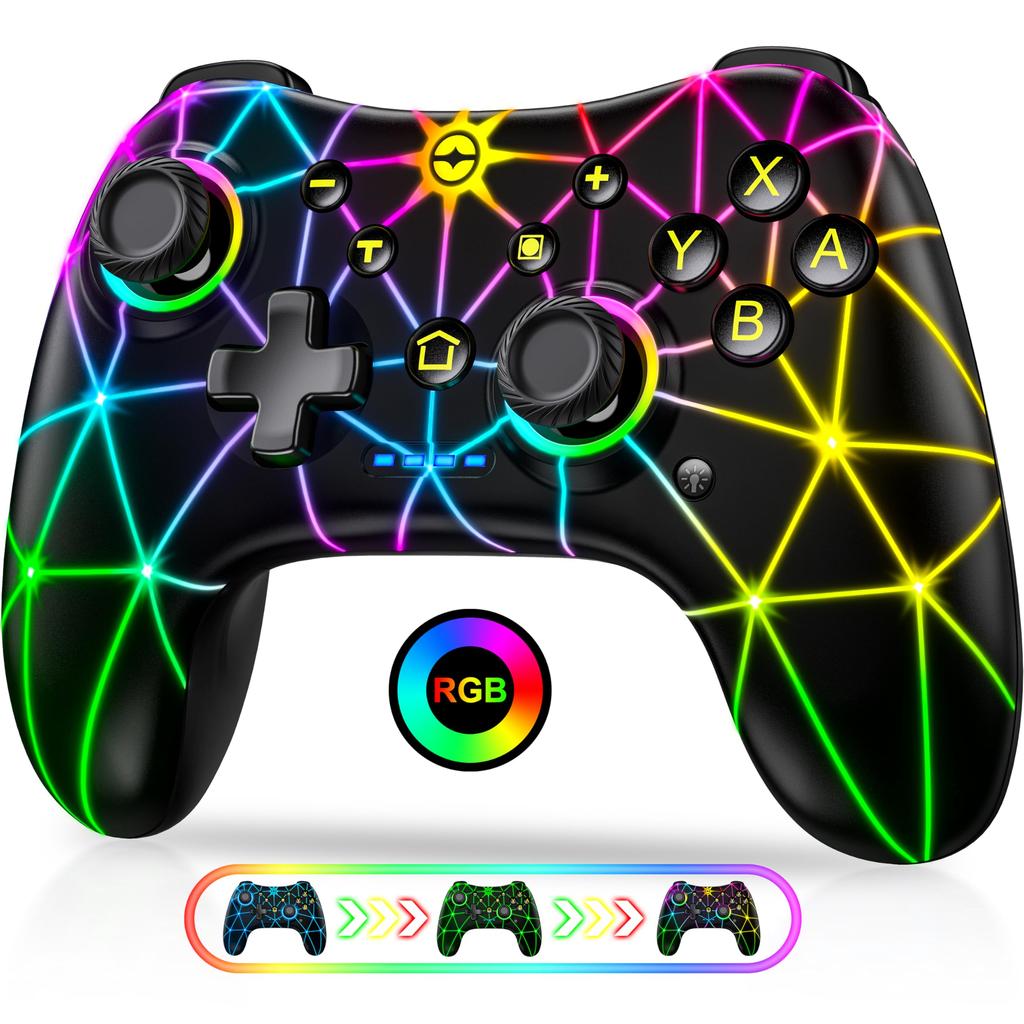 Switch Controller with Cool RGB and Turbo Fire Compatible with and PC Lighting, Wake-Up, 6-Axis Gyro, Vibration, Functions, Switch, Lite, OLED,