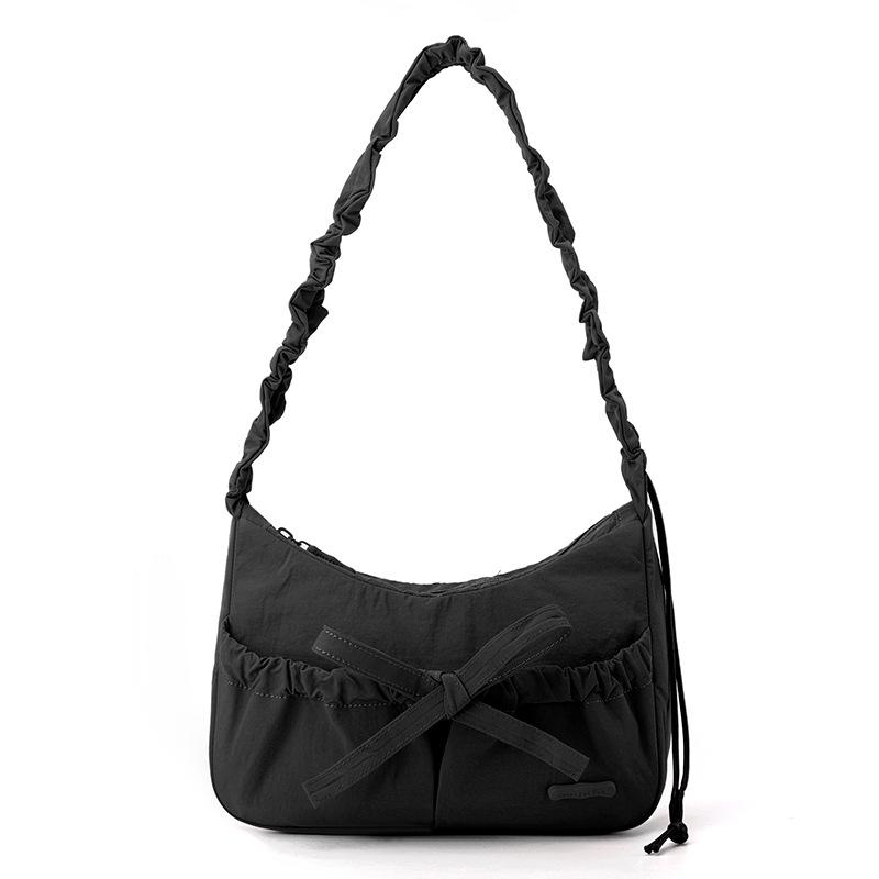 Marszczona torebka na ramię ze sznurkiem, z kokardą, crossbody, do dojazdów, damska