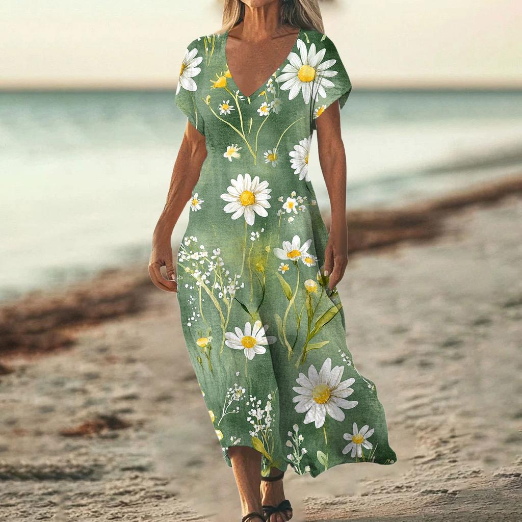 Fashion Women's Summer V-neck Short Sleeve Cotton And Linen Vintage Floral Print Beach Dress