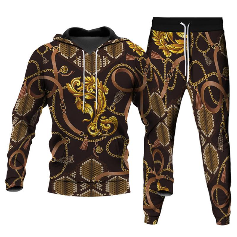 Men's 2 Piece Sets Oversized Hoodies Long Pants Fashion Tracksuit Streetwear 3D Leopard Gold Chain Printed Unisex Clothing S-6XL