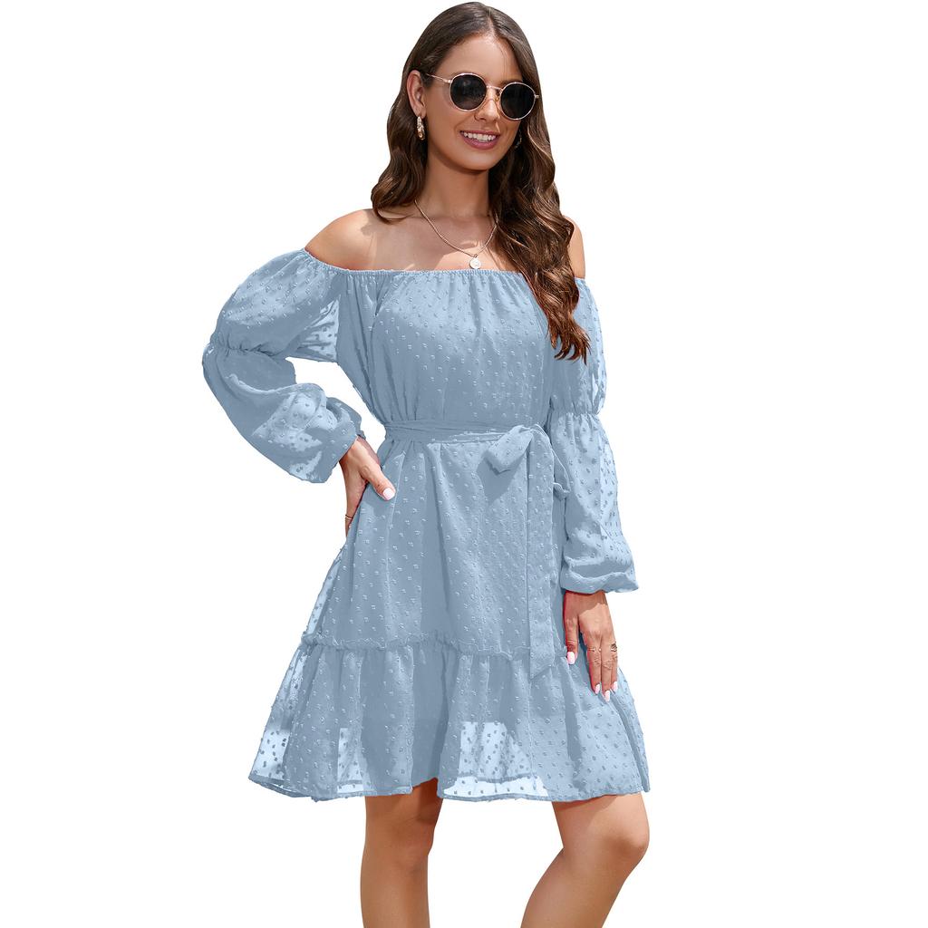 Spring and Autumn Women's Dress Elastic Neck Long Sleeve with Lining and Belt Strapless Dresses