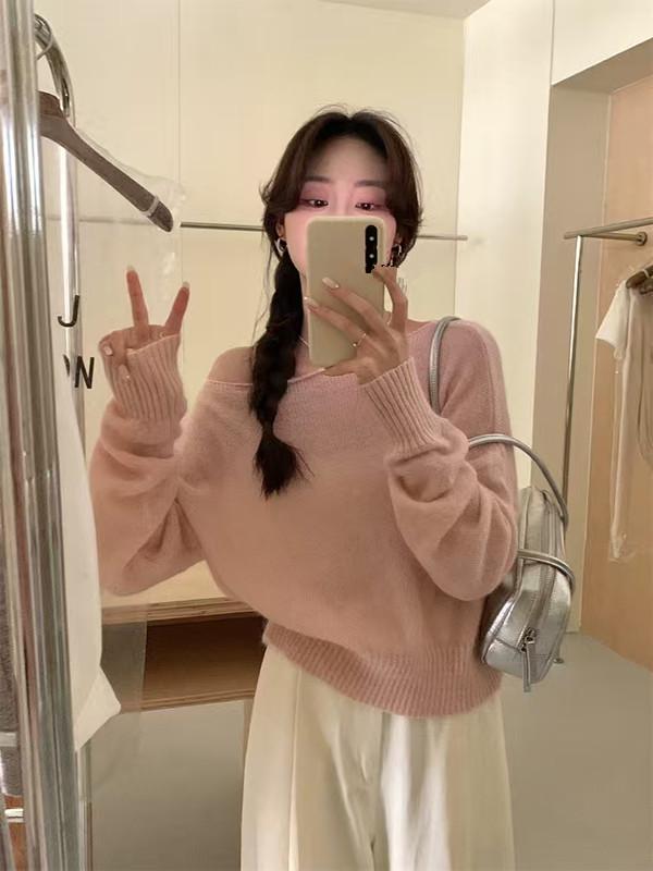 Korean Style One-Shoulder Wool Knit Sweater for Women - Autumn/Winter, Loose Fit, Plus Size, Street Style Base Layer Top