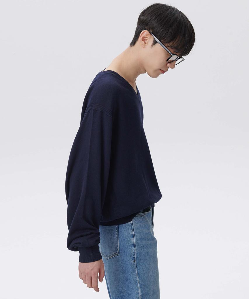 PLAC V-Neck Reverse Detail Knit Navy