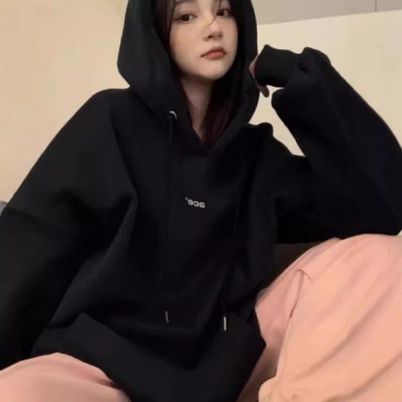 Autumn Winter Vintage Loose Casual Drawstring Hooded Sweatshirt Women Simple Fashion Print Pullover Hoodies Top