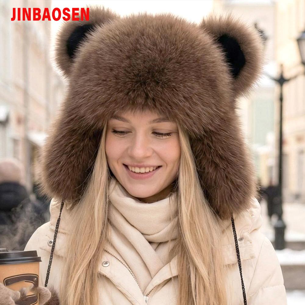 JERYAFUR Chapéu Ushanka Trapper Feminino com Orelhas de Gato, Quente e Fofo com Pom‑pom de Pele Sintética Grossa, Gorro de Inverno para Dias Frios e Nevados