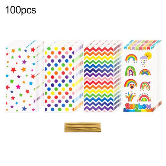 100Pcs Colorful Candy Bags Assorted Dot Stripe Star Pattern Cellophane Treat Bags