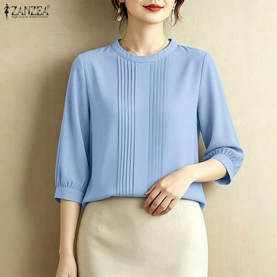 Women Elegant Round Neck Casual 3/4 Sleeve Loose Blouse
