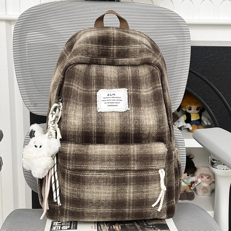 

Korean StyleinsLarge-capacity women s plaid woolen backpack with a vintage vibe, suitable for middle and high school students коричневый