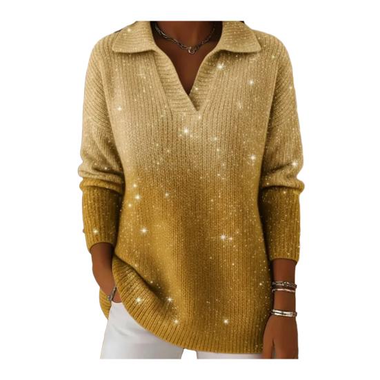 Women Sweater Lapel Long Sleeve Shimmering Sequin Detail Gradient Design Loose Fit Knitting Tops Loose Fit Winter Knitwear