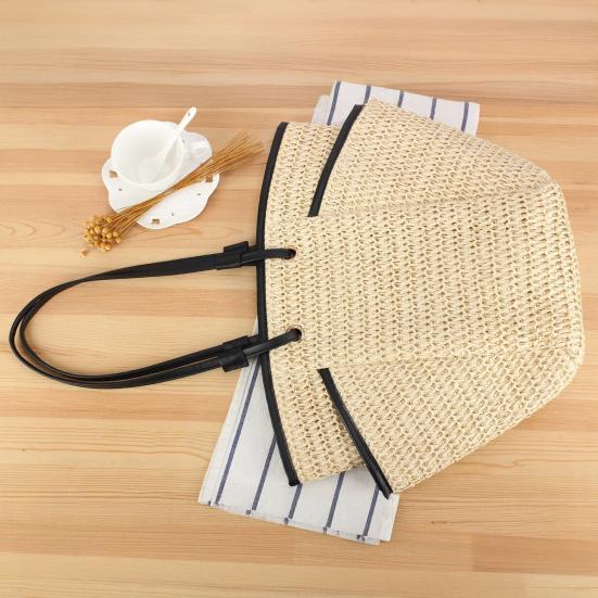 Straw Woven Shoulder Bag with Multiple Pockets Zipper Closure Handmade Braided Vacation Leisure Handbag