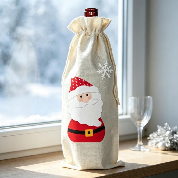 Fabric Wine Bottle Gift Bag for Christmas Presentation, Designed for a Standard Bottle with a Gathered Cord Closure
