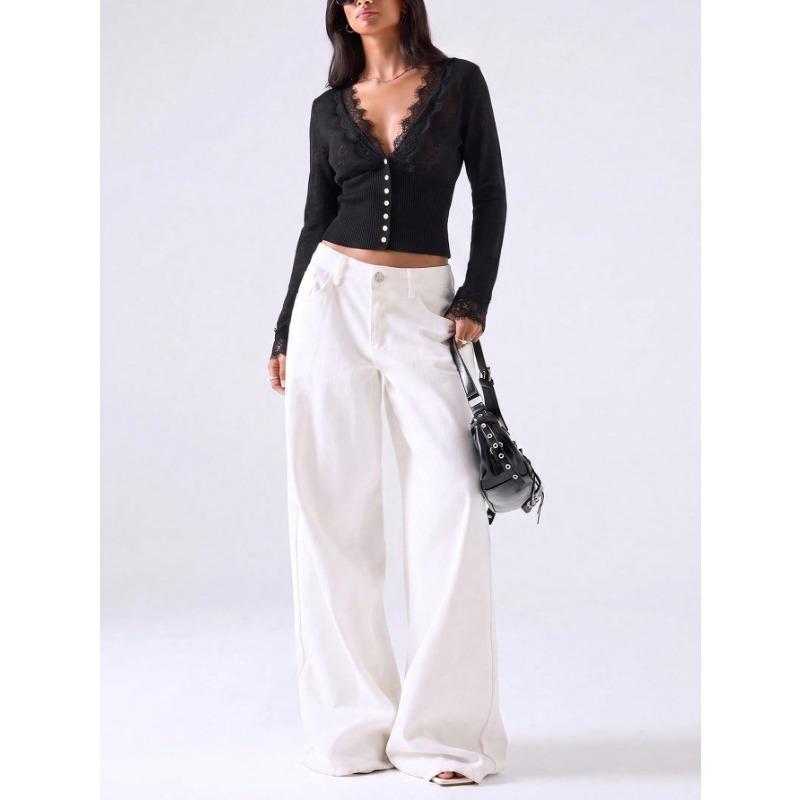 Womens Lace Trim Solid V Neck Long Sleeve Slim Fit Knit Cardigan Top