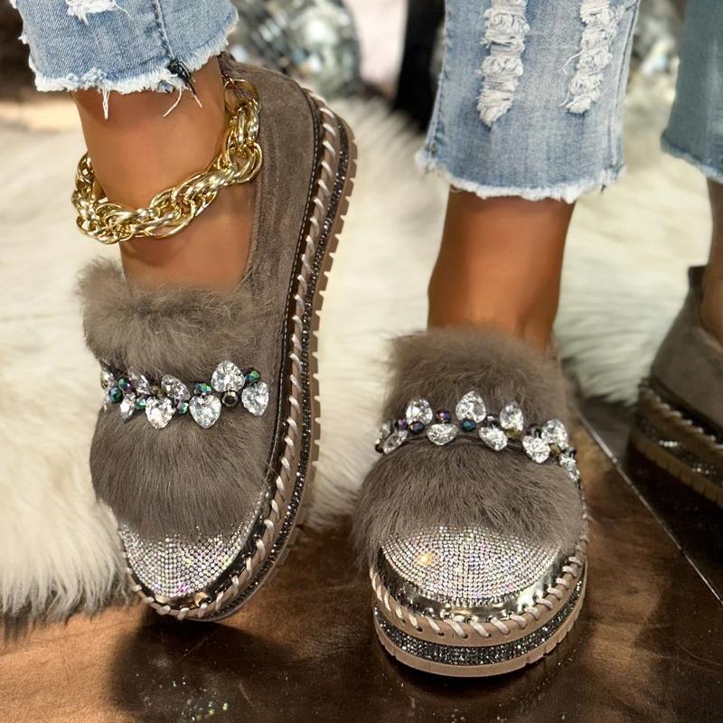 Furry Warm Rhinestone Woman Flat 3cm Low Heel Casual Shoes for Women Crytal Short Plush Ladies Footwear Big Size 43