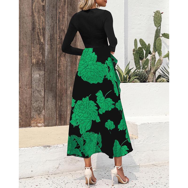 Rochie Casual Elegantă Slim cu Mâneci Lungi de Primăvară pentru Femei, Modă Toamnă, Imprimeu Îmbinat, Rochii Lungi Vintage pentru Femei, Talie Înaltă, Linie A, Rochie Sexy de Petrecere 25943