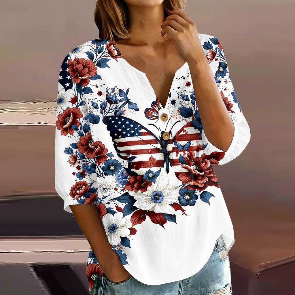 Women's Casual Button Henley Neck Shirt Three Quarter Sleeve Lightweight Breathable Cotton Linen Blouse Loose Fit Printed Top