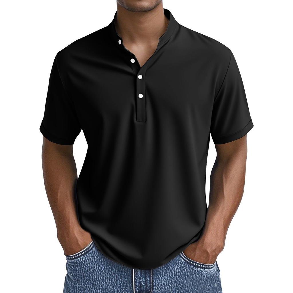 Men's Summer Solid Color Button Collar Short Sleeve Tops Men's Casual Loose Fashion Tops