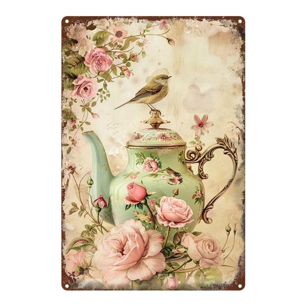 Vintage Metal Wall Poster Teal Rose Teacup 20x30cm Wall Decor