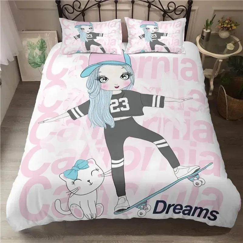 Musical Girl King Queen Duvet Cover Modern Fashion Girly Bedding Set for Kids Teens Adults Cartoon Hip Hop style Quilt Cover