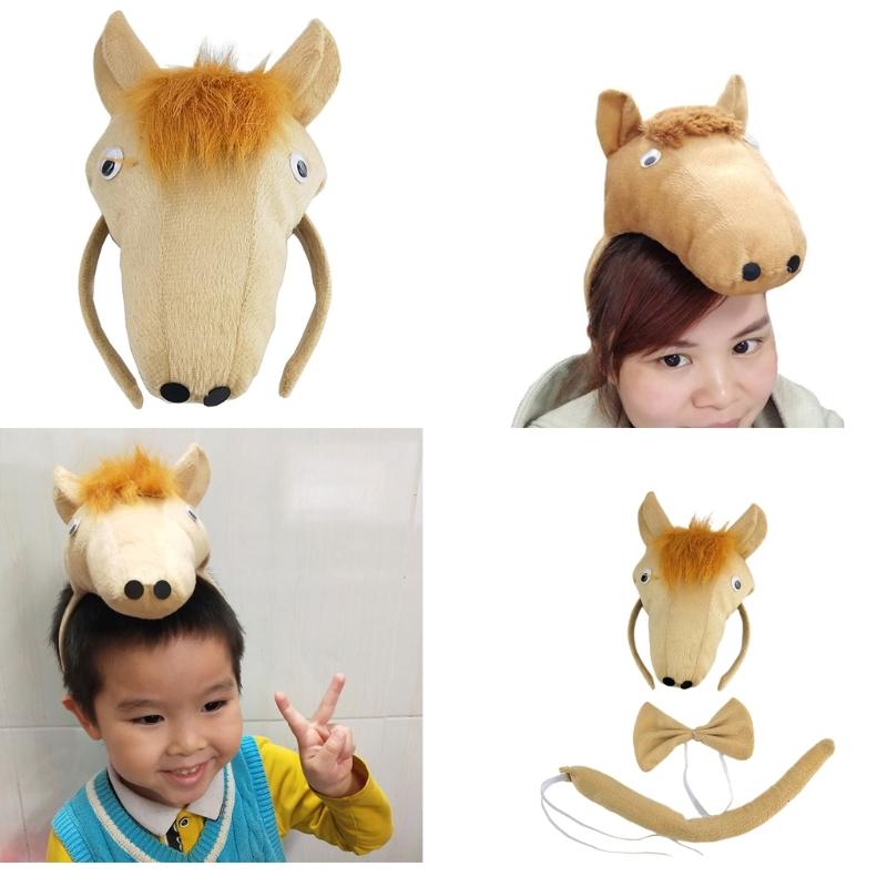 Role Play Stuffed Horse Hair Hoop&Tail Woman Teens Headbands Makeup Glove for Live Broadcast Cartoon Carnivals Hairband