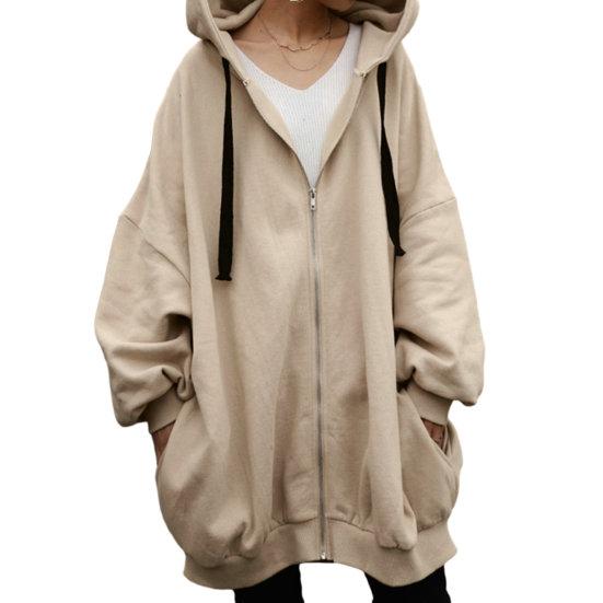 Frauen Herbst Mit Kapuze Kordelzug Sweatshirt Mantel Langarm Taschen Zipper Knopfleiste Mid länge Einfarbig Hoodie Outwear