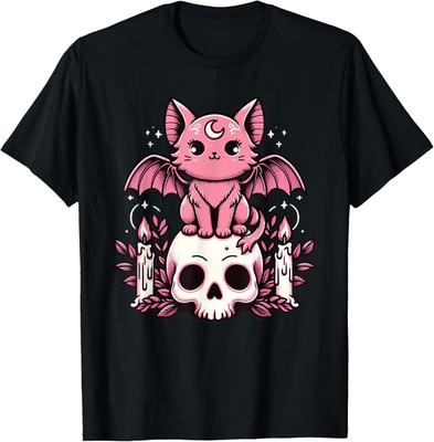 Kawaii Pastel Goth Cute Creepy Cat Bat Skeleton T-Shirt Print Original Design Gifts T Shirts Mens Clothing Camisas Streetwear