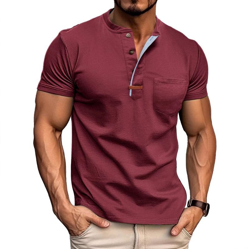 

Summer New Men s Short-sleeved T-shirt Round Neck Henry Collar Casual Trendy Top S