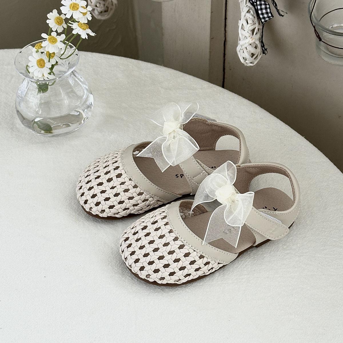 

XSHX Hollow Through Girls Summer Breathable French Alai Style Woven Mary Jane Sandals 25