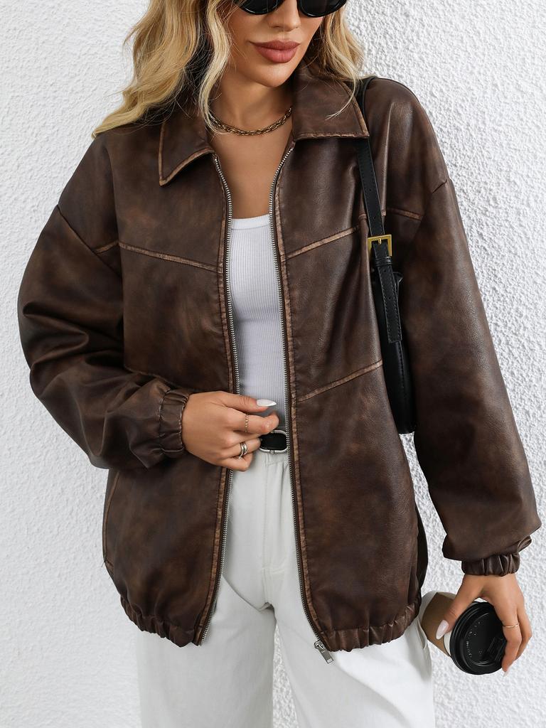 Women Casual Loose Faux Leather Coat Vintage PU Leather Jacket Suit Collar Spring Autumn Lady Overcoat