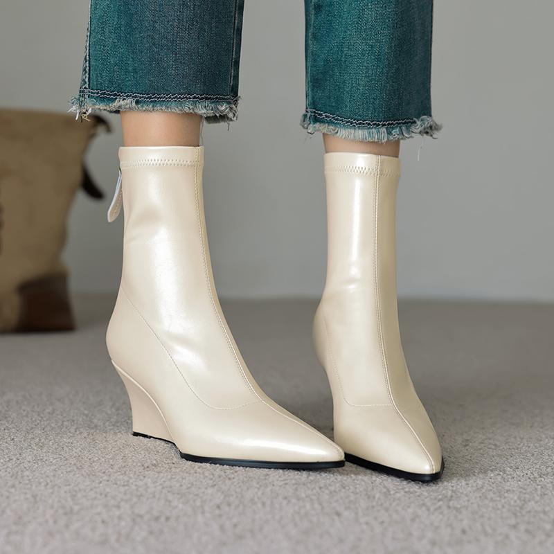 Fashion 2025 New Autumn Women Boots Pointed Toe Wedges Modern Boots Microfiber Women Shoes Short Boots High Heels Stretch Shoes