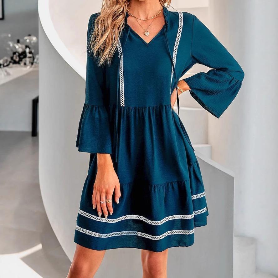 YYFS Women's Fashion Summer Spring Solid Color Print 3/4 Sleeves V-Neck Loose Waistline Casual Dresses