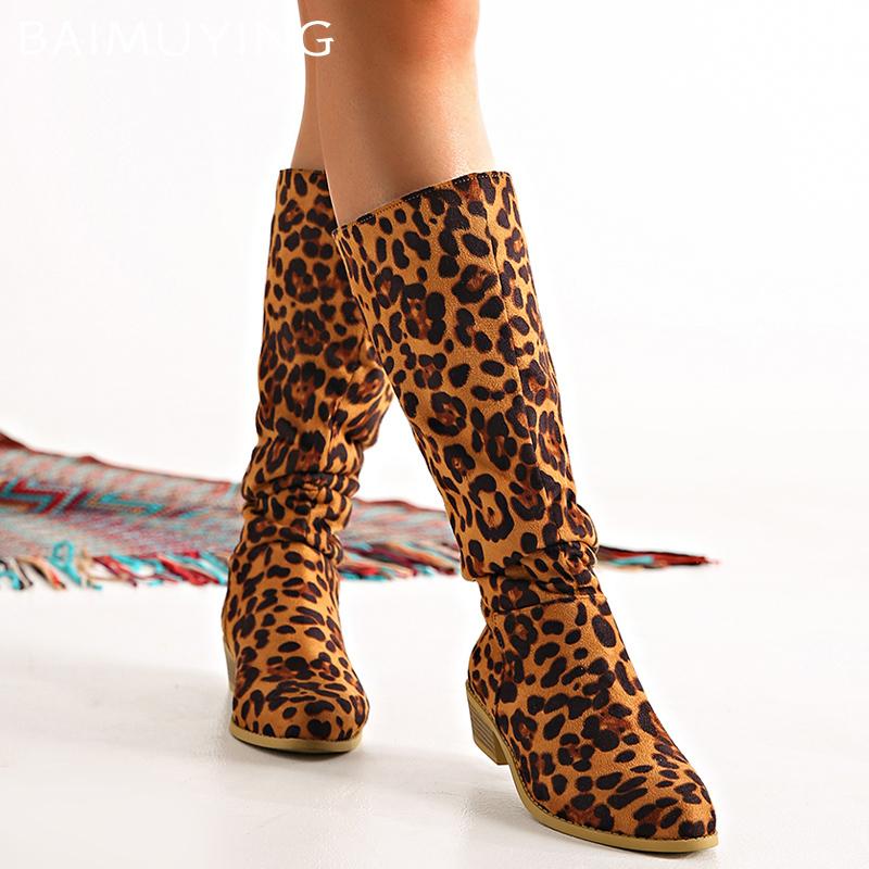 Leopard Women High Boots Pointed Toe Knee High Fashion Shoes Suede Chunky Winter Chelsea Boots 2024 Trend Designer Botas Mujer