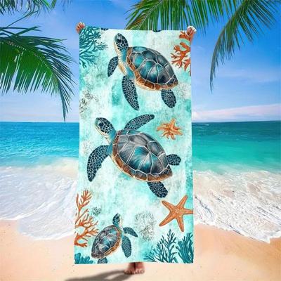 Sea Turtle Coral Microfiber Beach Towel, Ocean Life Starfish Bath Towels, Tropical Marine Scenery Travel Towel for Women Kids