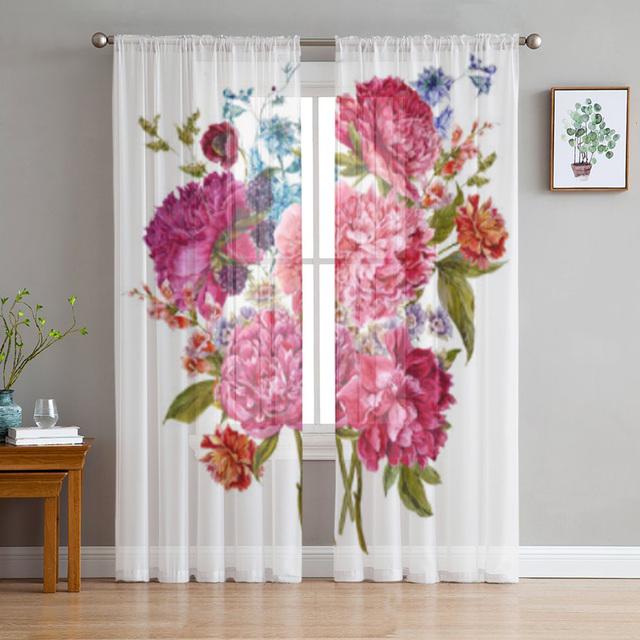 Pink Rose Vintage Tulle Window Curtain For Living Room Modern Sheer Curtain For Bedroom Kitchen Drapes Custom