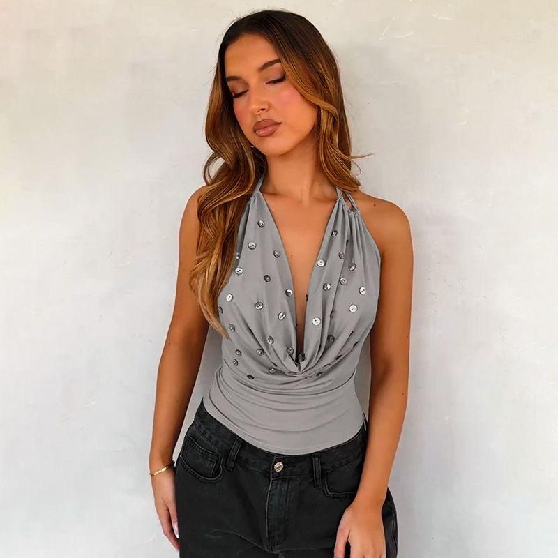 Western Style New Fashion Casual Loose Sexy Gyaru Hanging Neck Vest Top Sexy Backless Top