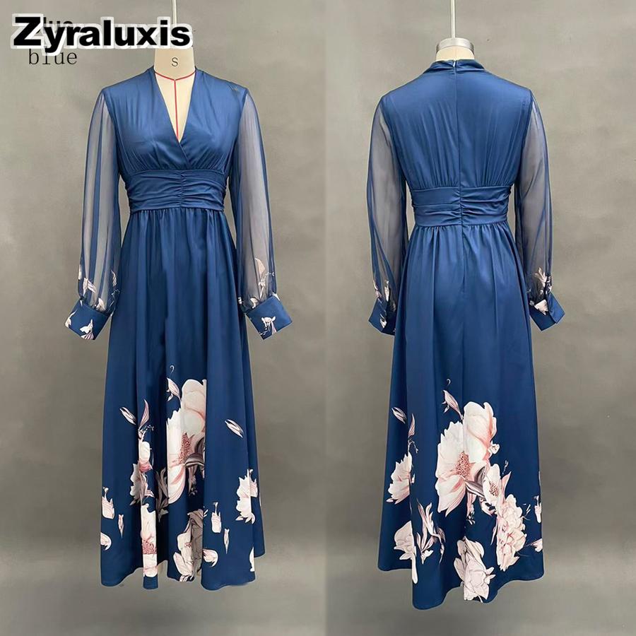 Abito a Maglia Lunga Patchwork Floreale Slim Fit Francese Gonna Maxi Stampata Versatile per Donna