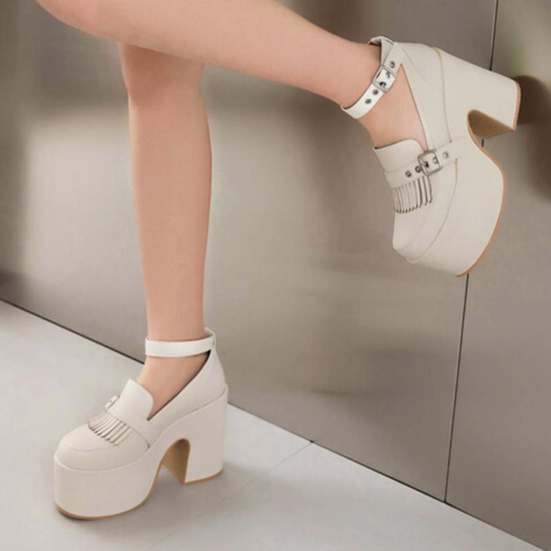 FOREADA Women Pu Leather Pumps Super High Hoof Heels Round Toe Ankle Strap Buckle Party Punk Style Spring Autumn Shoes White