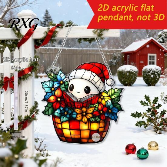 Christmas Tree Pendant Cute Pink Snowman Acrylic Hanging Decor, Cartoon Double Sided Printed Art Ornaments, Weatherproof Window Door Garden