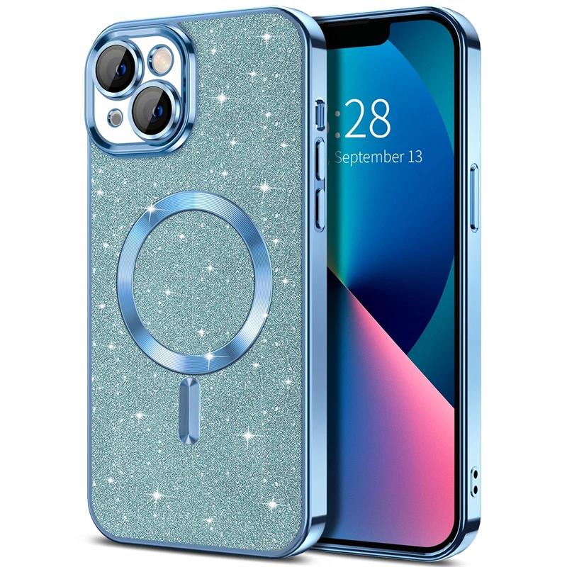Obudowa Electroplate z osłoną obiektywu do iPhone'a 15 14 13 12 11 16 Pro Max Plus do ładowania bezprzewodowego Magsafe Bumper Glitter Cover