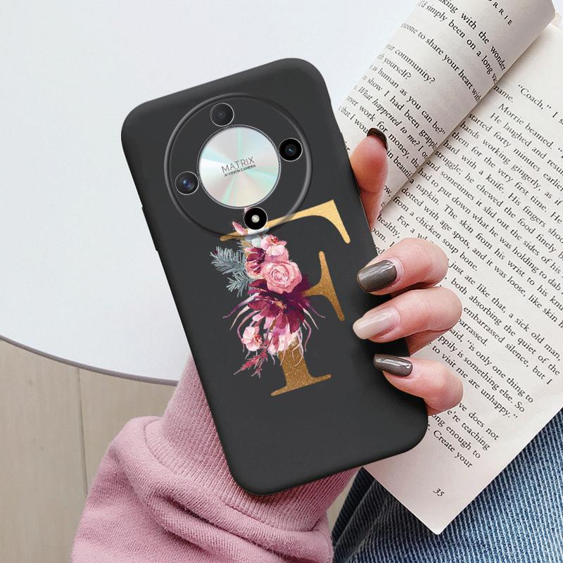 Buchstaben-Handyhülle für Honor X9b X9a Magic5 Lite Magic6 Lite 5G Hülle Retro-Blumen Rosa Schwarz Weiches TPU Initialen Silikon Fundas